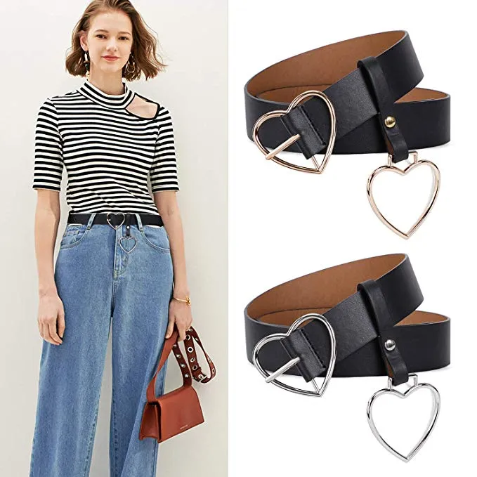 Women Heart-shaped Belt Wide PU Leather Belt Metal Buckle for Women Girls Students Halloween Costume