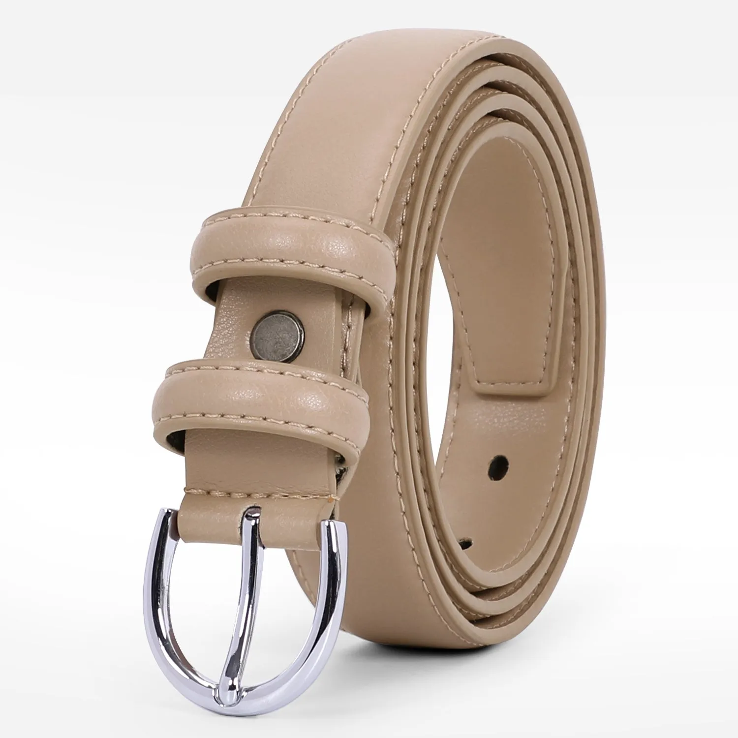 Women Leather Belt Skinny Dress Belt for Jeans Pants with Silver Buckle