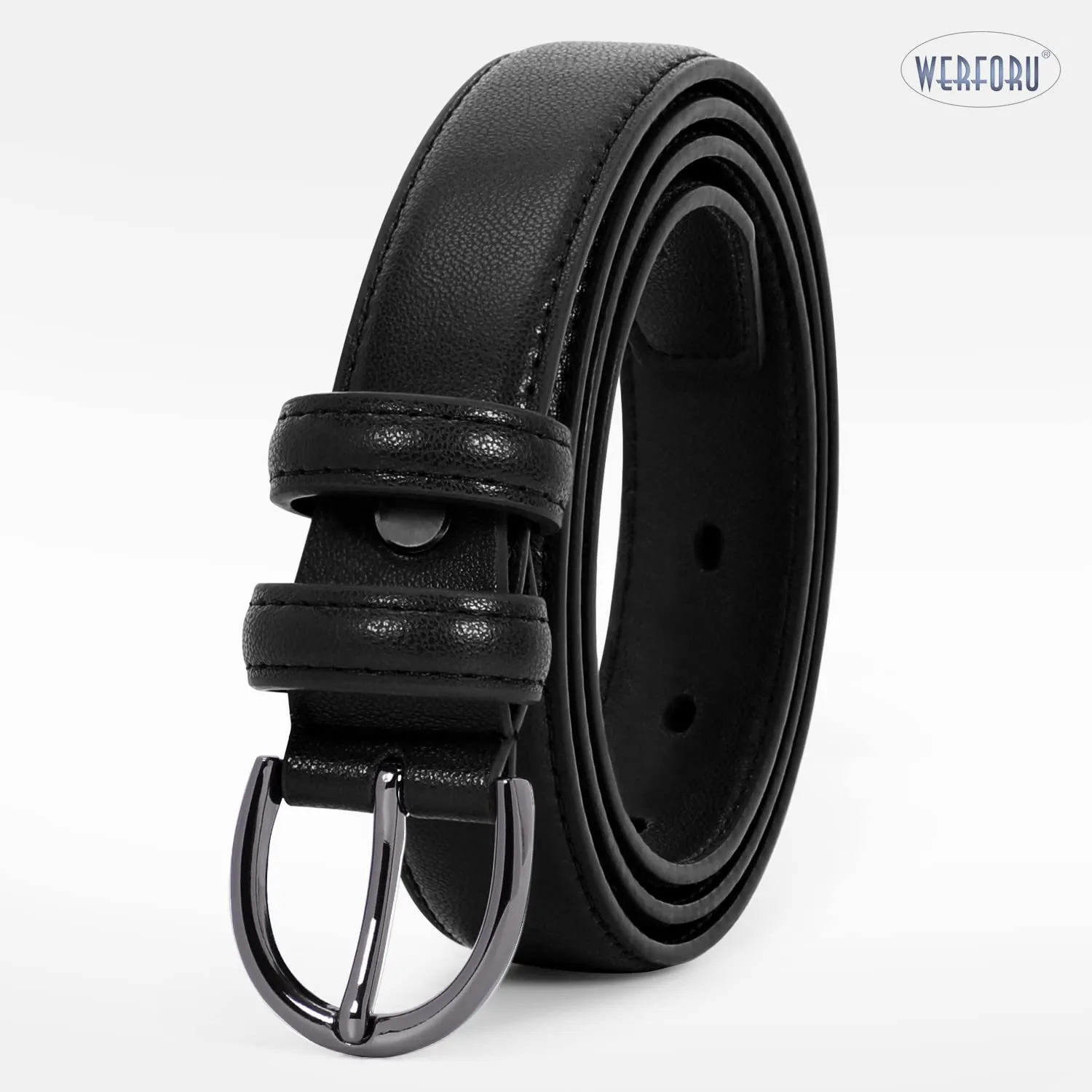Women Leather Belt Skinny Dress Belt for Jeans Pants with Silver Buckle