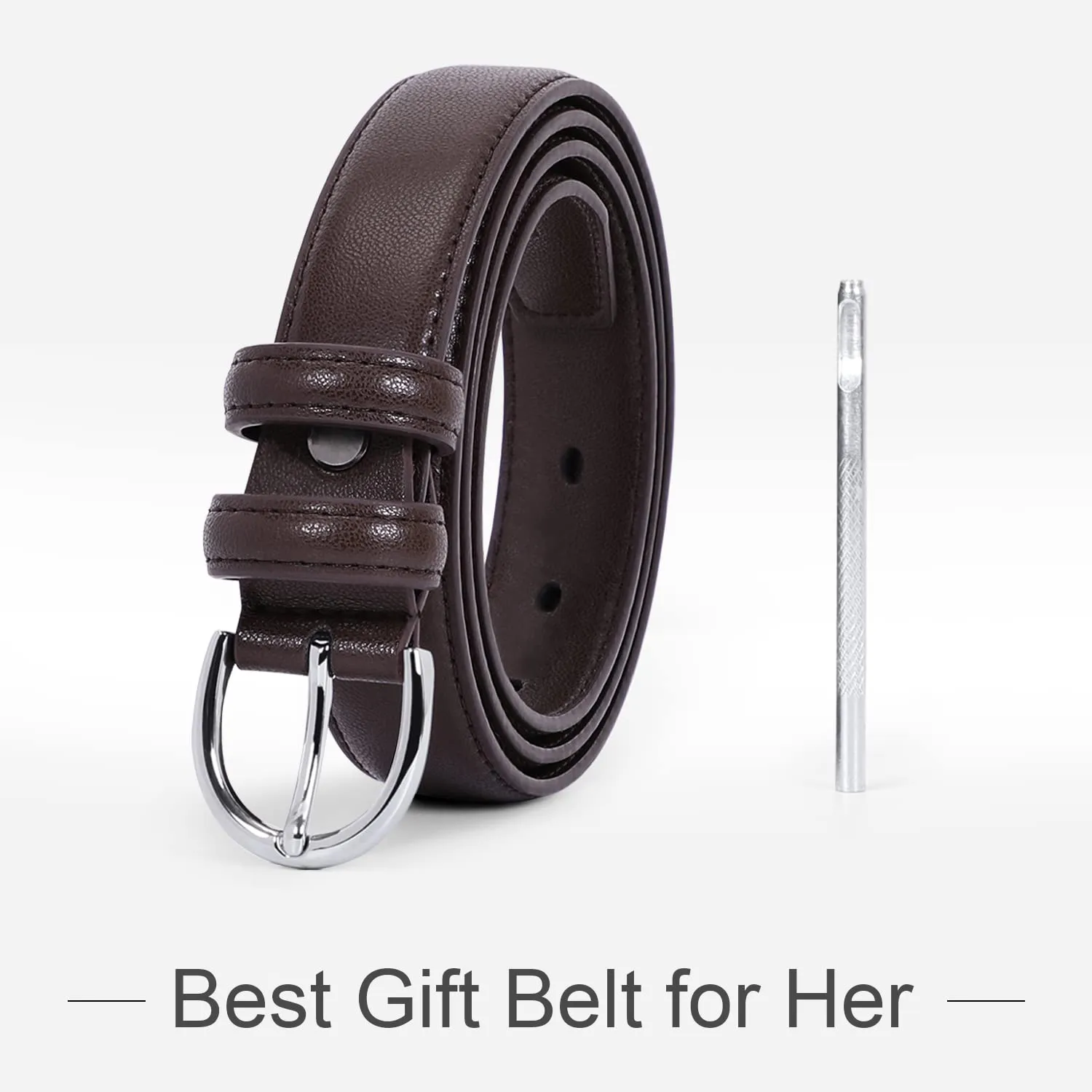 Women Leather Belt Skinny Dress Belt for Jeans Pants with Silver Buckle