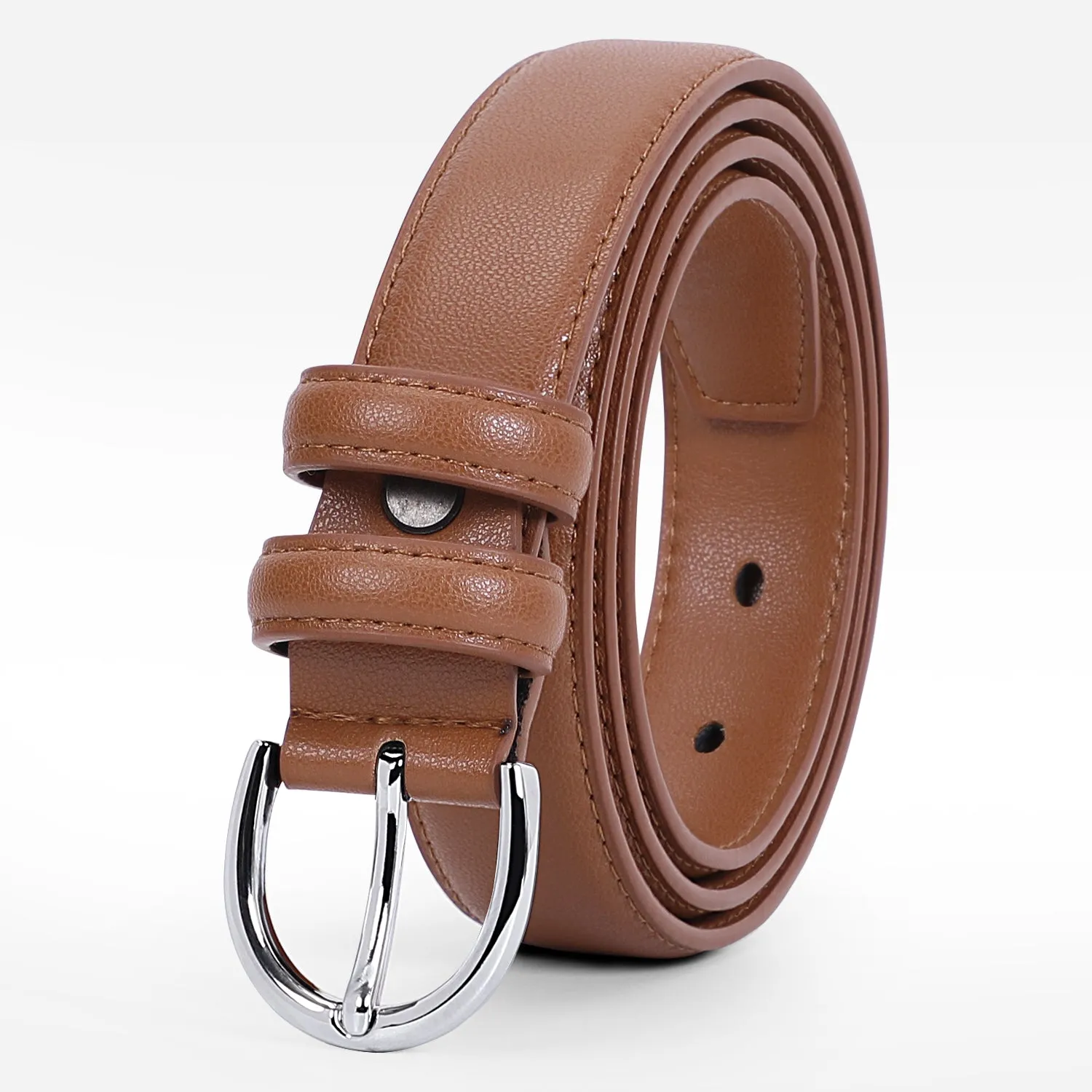 Women Leather Belt Skinny Dress Belt for Jeans Pants with Silver Buckle