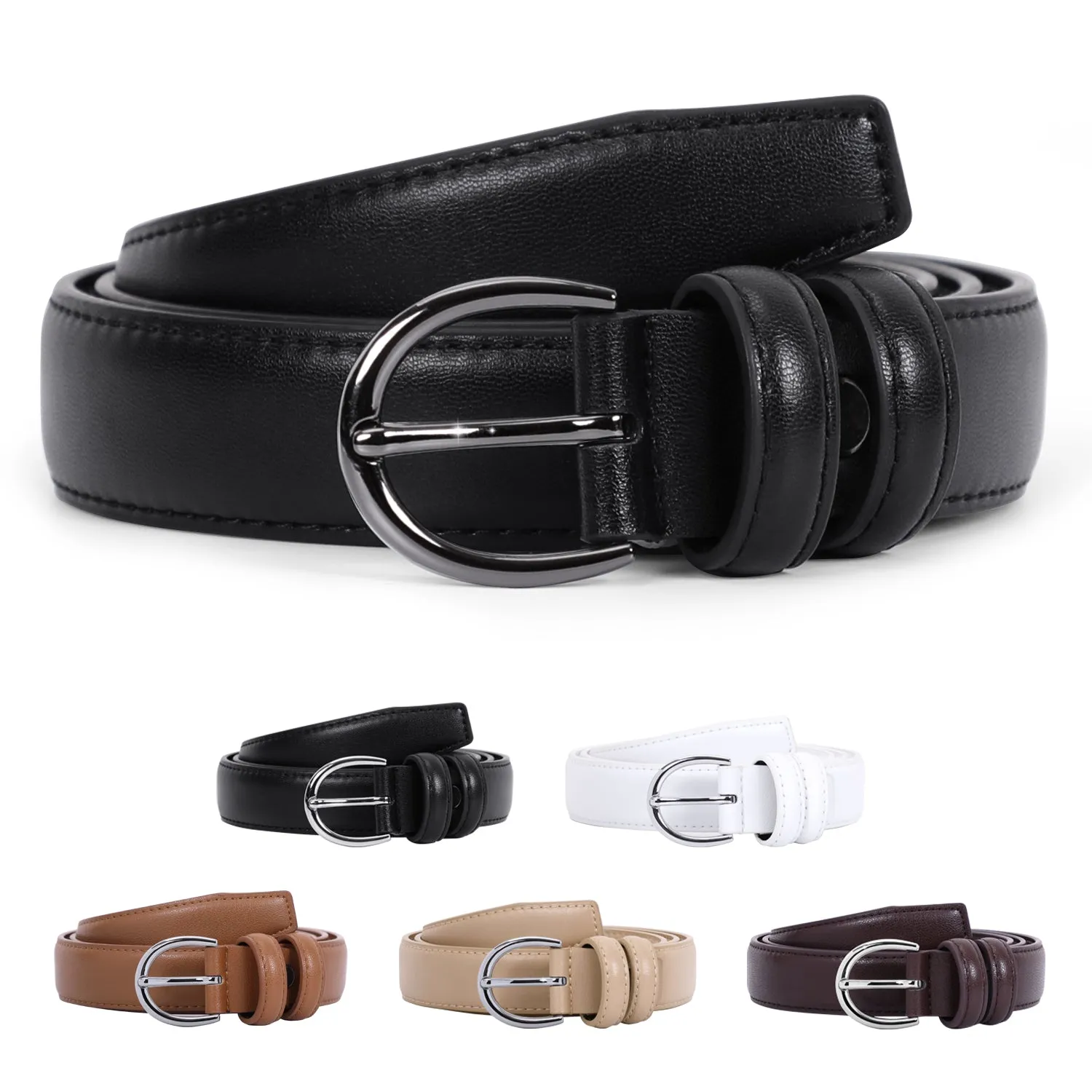 Women Leather Belt Skinny Dress Belt for Jeans Pants with Silver Buckle