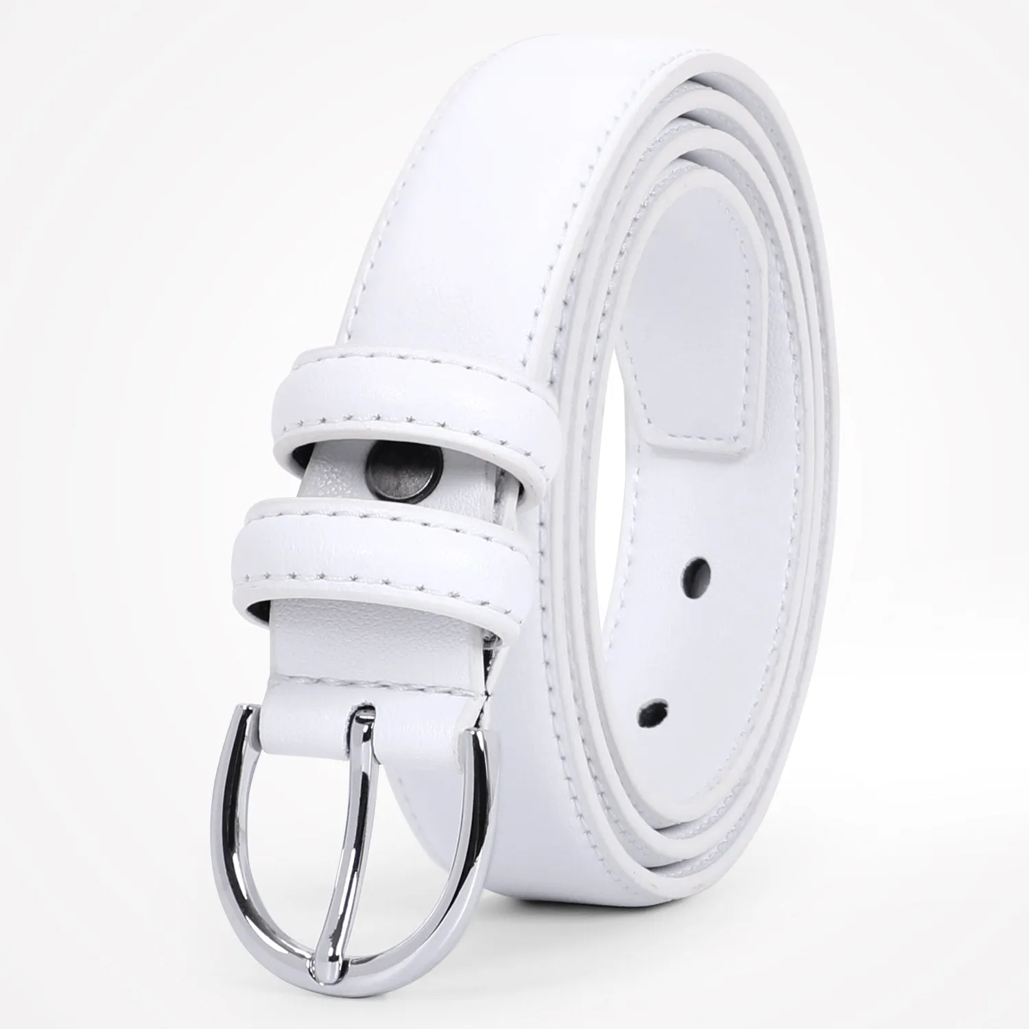 Women Leather Belt Skinny Dress Belt for Jeans Pants with Silver Buckle