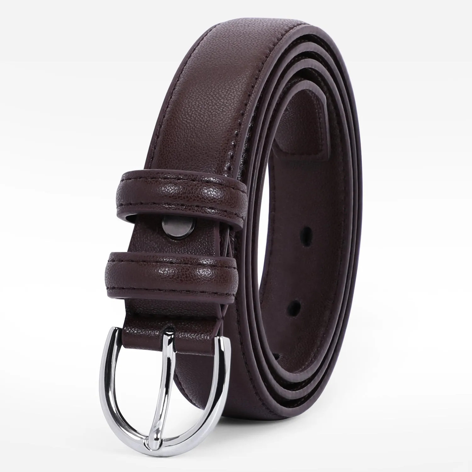 Women Leather Belt Skinny Dress Belt for Jeans Pants with Silver Buckle