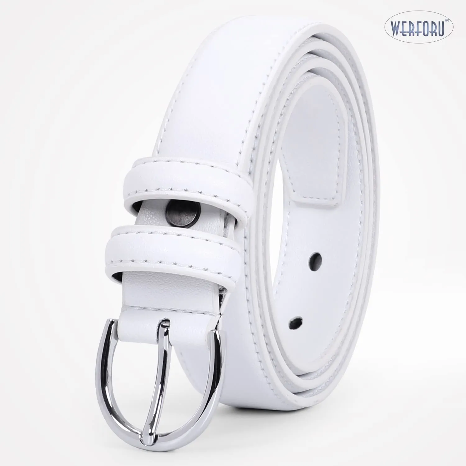 Women Leather Belt Skinny Dress Belt for Jeans Pants with Silver Buckle