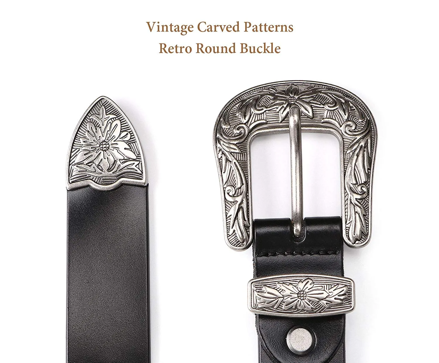 Women Leather Belts Ladies Vintage Western Design Black Waist Belt for Pants Jeans Dresses