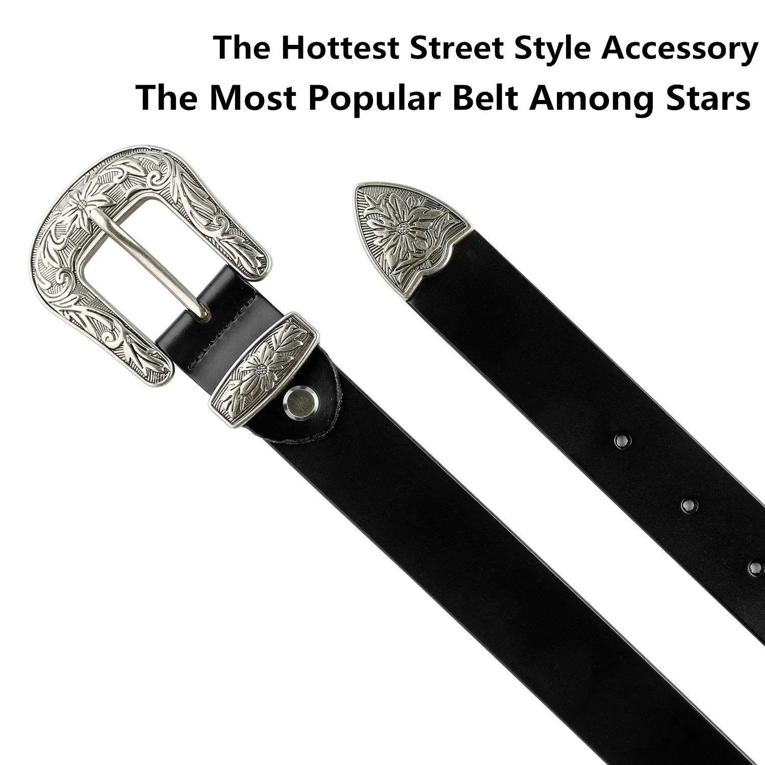 Women Leather Belts Ladies Vintage Western Design Black Waist Belt for Pants Jeans Dresses