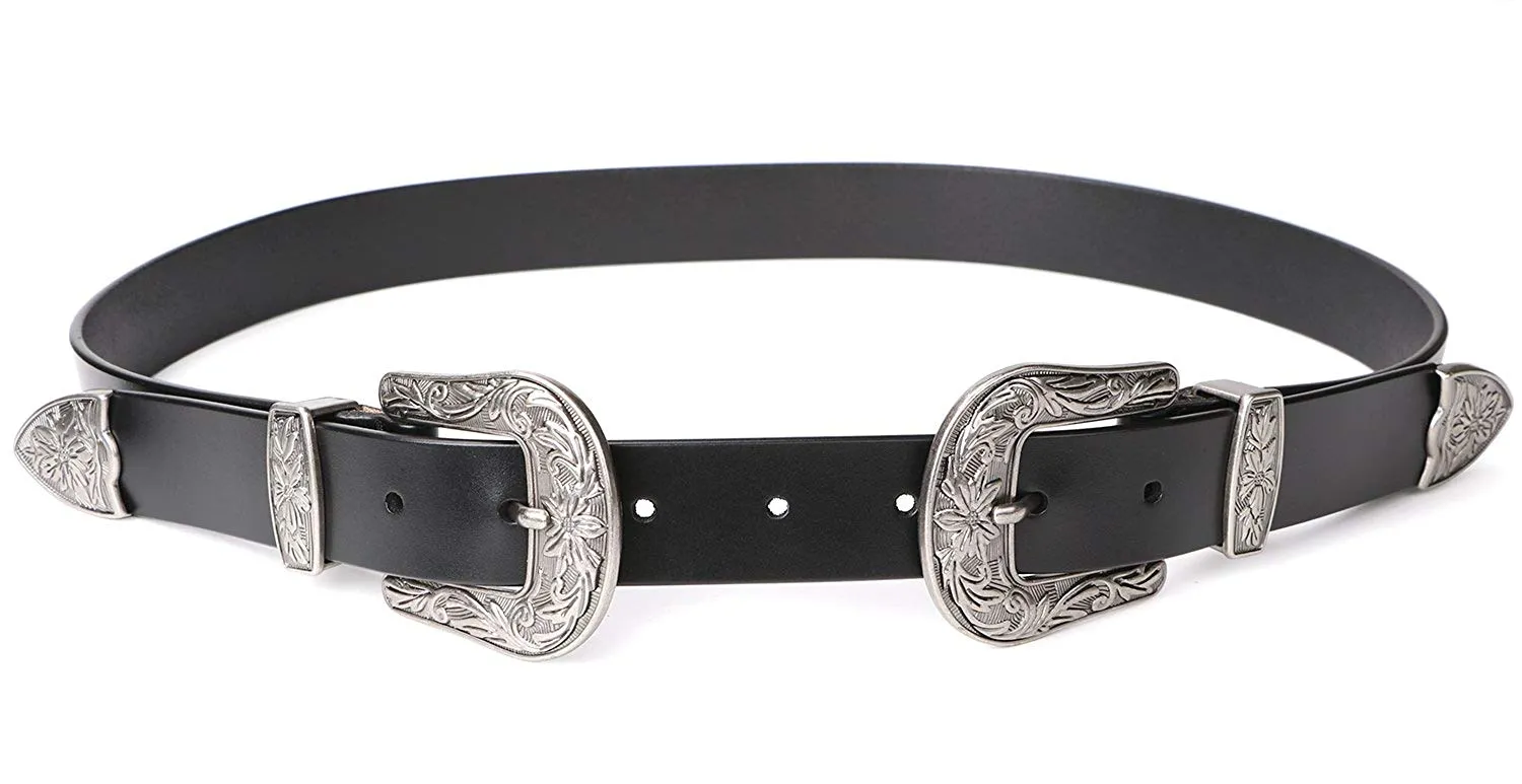 Women Leather Belts Ladies Vintage Western Design Black Waist Belt for Pants Jeans Dresses
