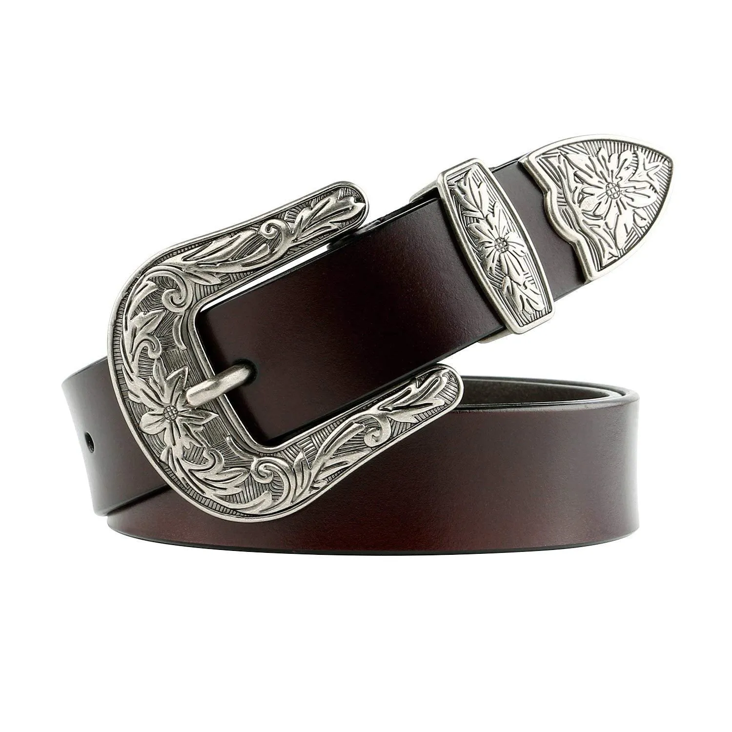 Women Leather Belts Ladies Vintage Western Design Black Waist Belt for Pants Jeans Dresses