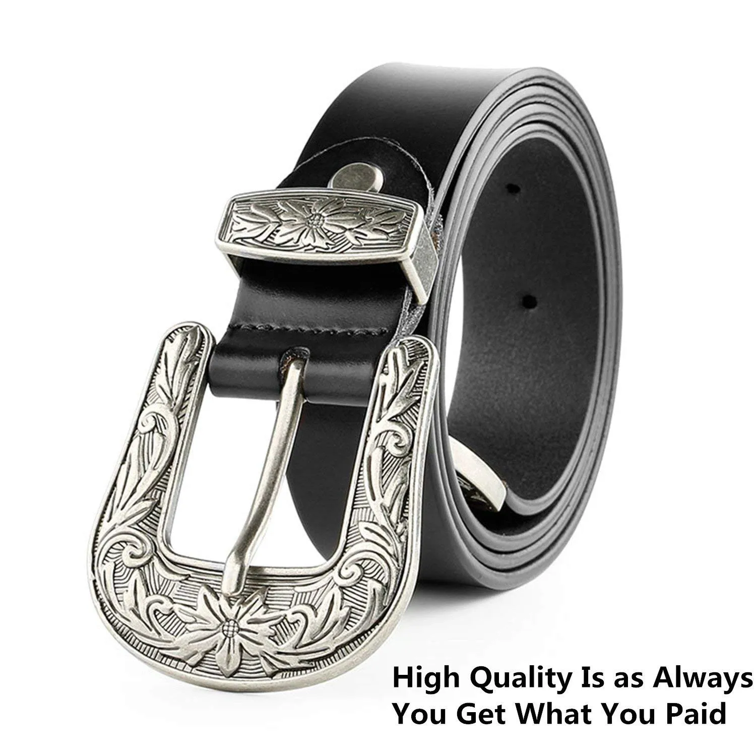 Women Leather Belts Ladies Vintage Western Design Black Waist Belt for Pants Jeans Dresses