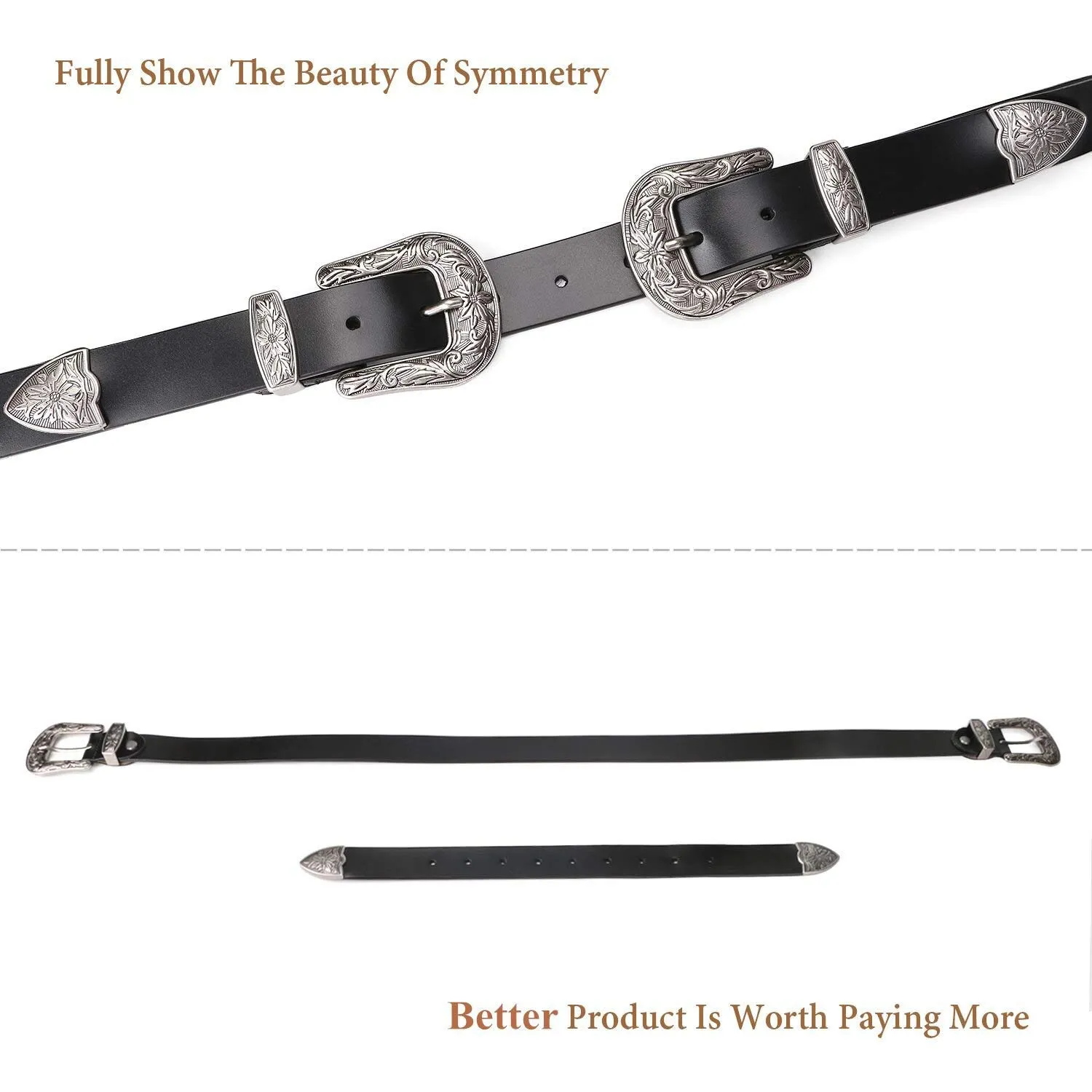 Women Leather Belts Ladies Vintage Western Design Black Waist Belt for Pants Jeans Dresses