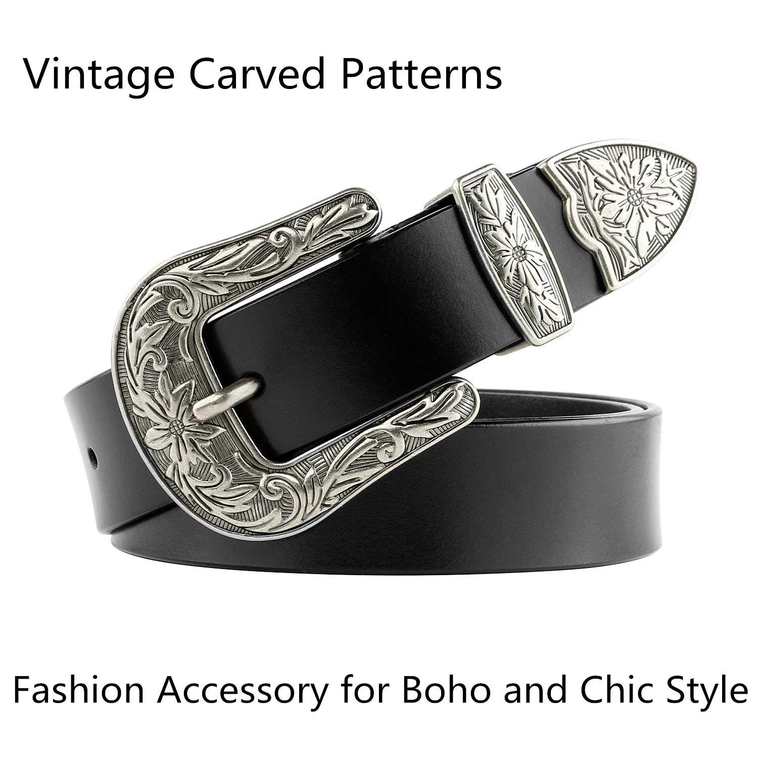 Women Leather Belts Ladies Vintage Western Design Black Waist Belt for Pants Jeans Dresses