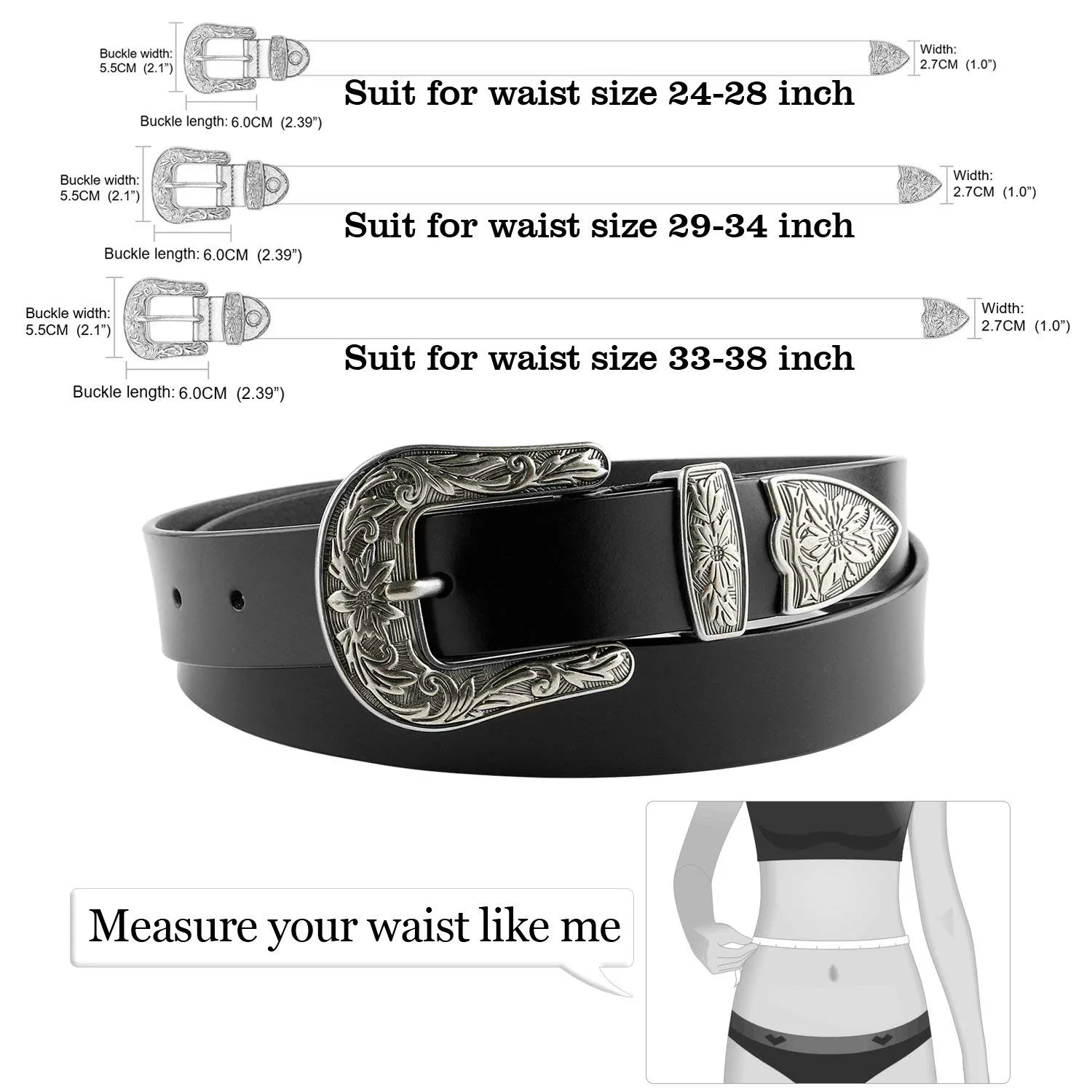 Women Leather Belts Ladies Vintage Western Design Black Waist Belt for Pants Jeans Dresses