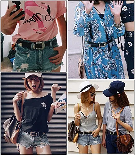 Women Leather Belts Ladies Vintage Western Design Black Waist Belt for Pants Jeans Dresses