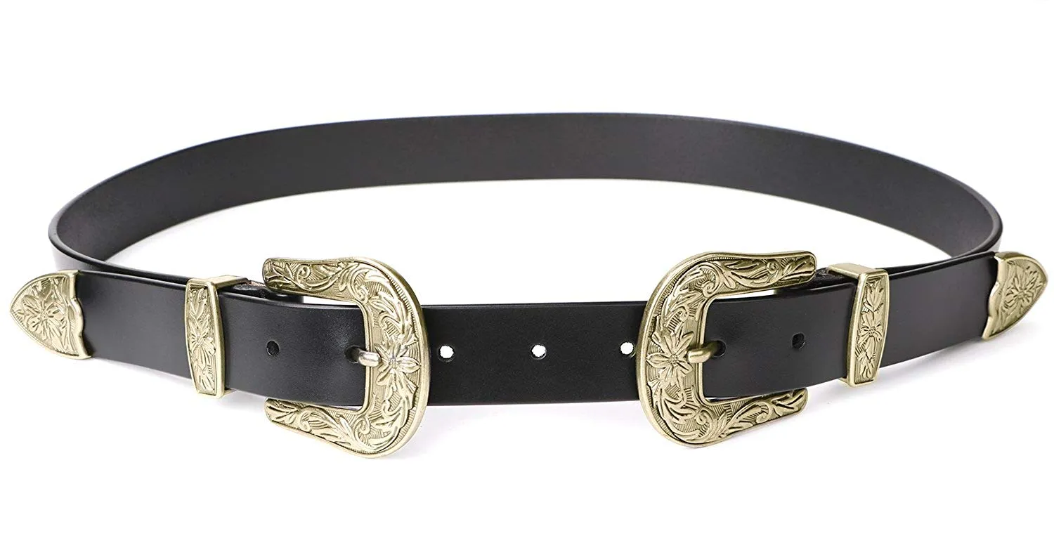 Women Leather Belts Ladies Vintage Western Design Black Waist Belt for Pants Jeans Dresses