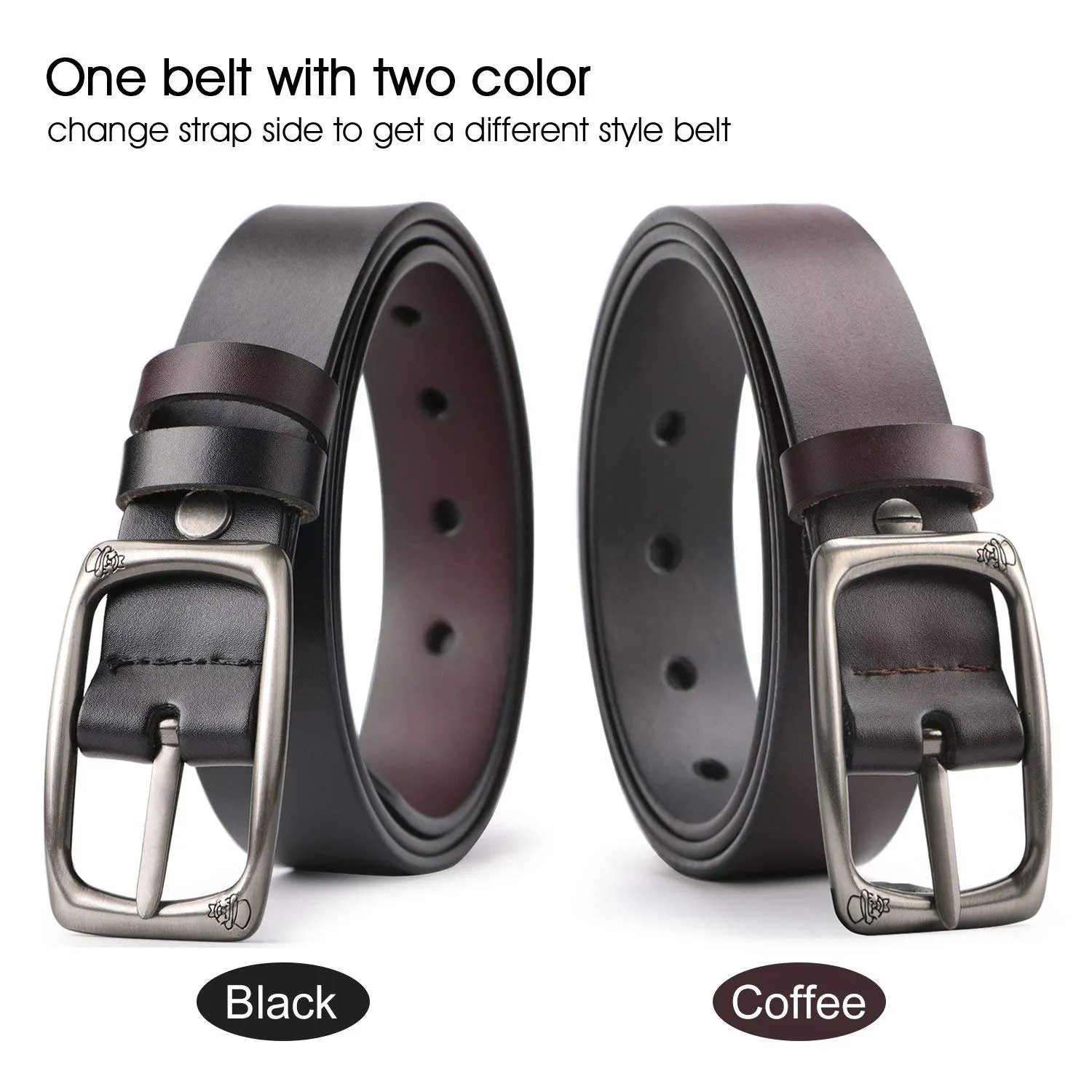 Women Leather Reversible Belt for Jeans Dress Pants Casual Ladies Belt for Girls with Solid Buckle By JASGOOD