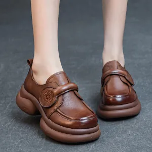 Women Retro Genuine Leather Wide Soft Sole Velcro Flats
