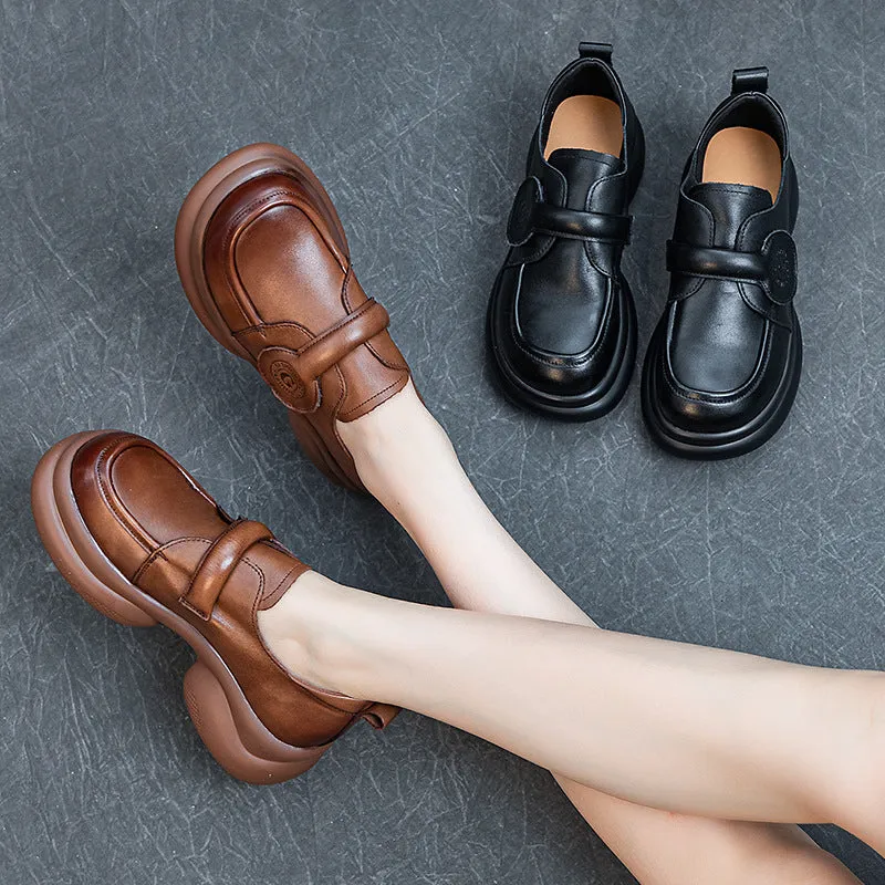 Women Retro Genuine Leather Wide Soft Sole Velcro Flats