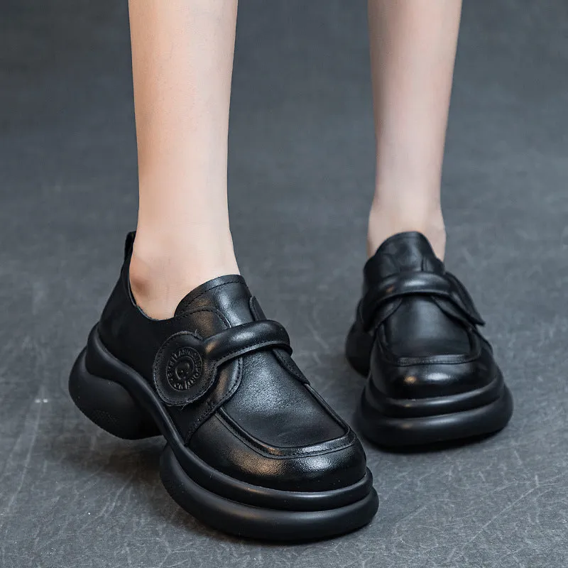 Women Retro Genuine Leather Wide Soft Sole Velcro Flats