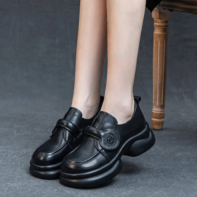 Women Retro Genuine Leather Wide Soft Sole Velcro Flats