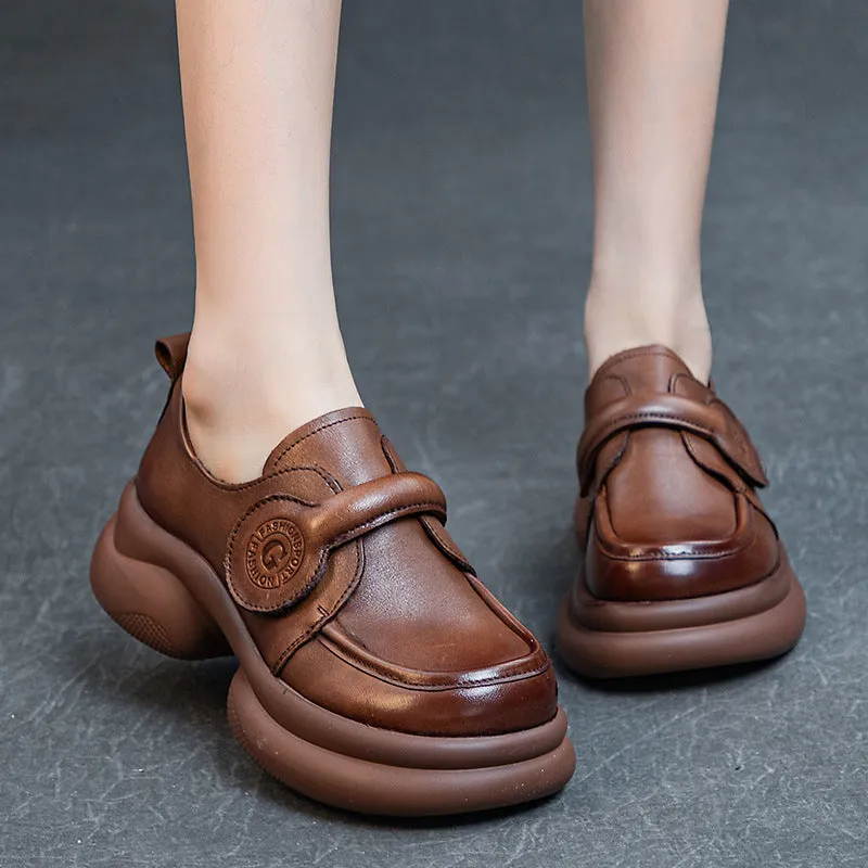 Women Retro Genuine Leather Wide Soft Sole Velcro Flats