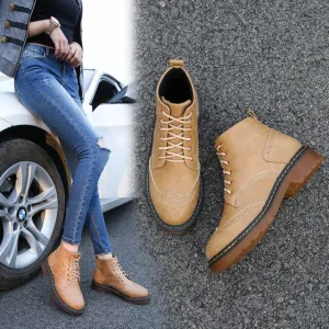 Women Solid Punk Motorcycle Boots Retro Casual Lace Up Shoes