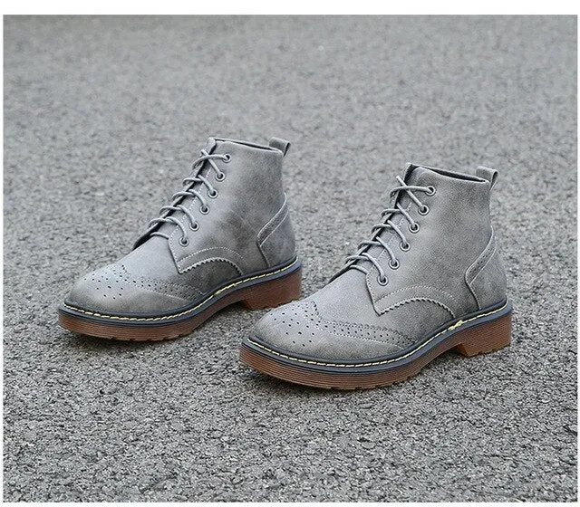 Women Solid Punk Motorcycle Boots Retro Casual Lace Up Shoes