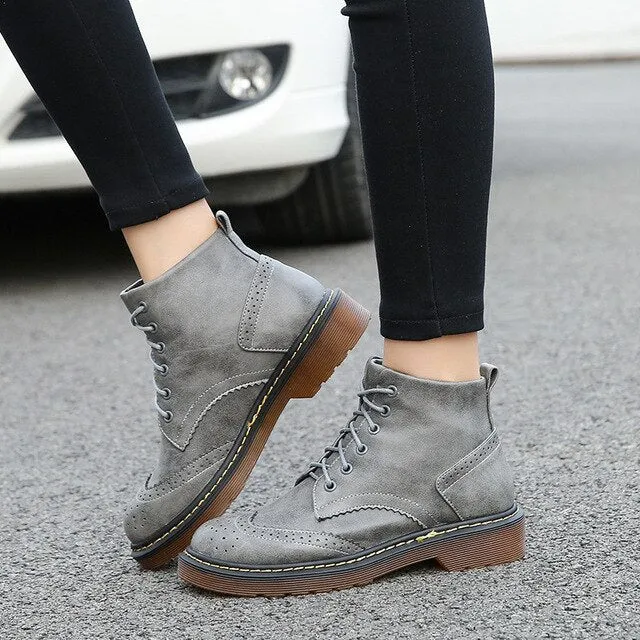 Women Solid Punk Motorcycle Boots Retro Casual Lace Up Shoes