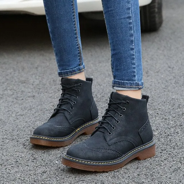 Women Solid Punk Motorcycle Boots Retro Casual Lace Up Shoes