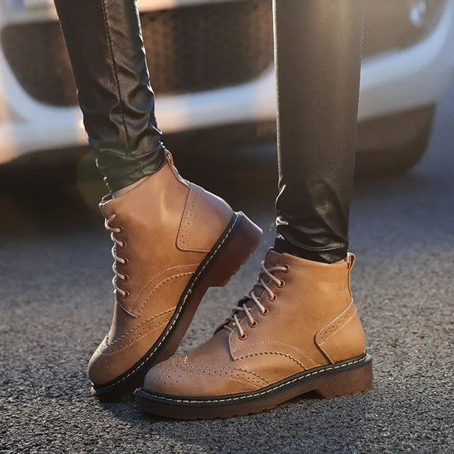 Women Solid Punk Motorcycle Boots Retro Casual Lace Up Shoes