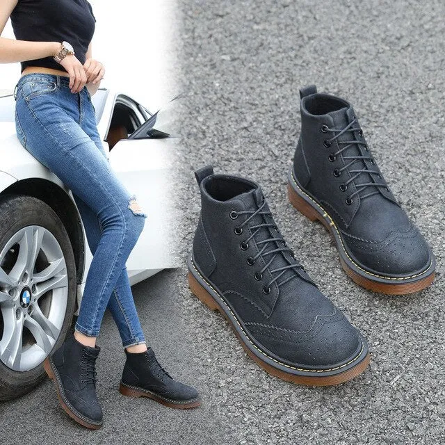 Women Solid Punk Motorcycle Boots Retro Casual Lace Up Shoes