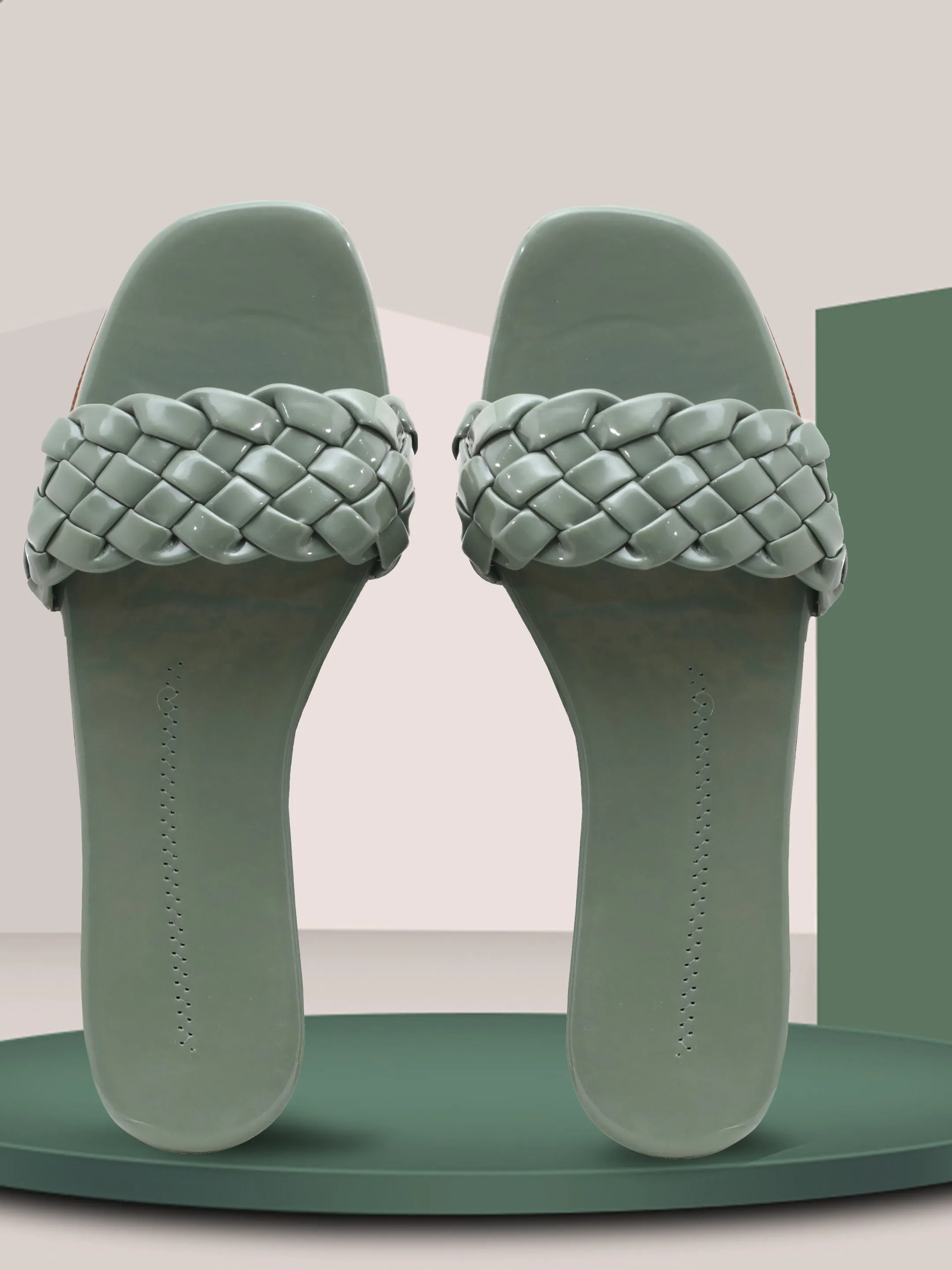 Women Woven Design Open Toe Flats (OMFLT-004-GREEN)