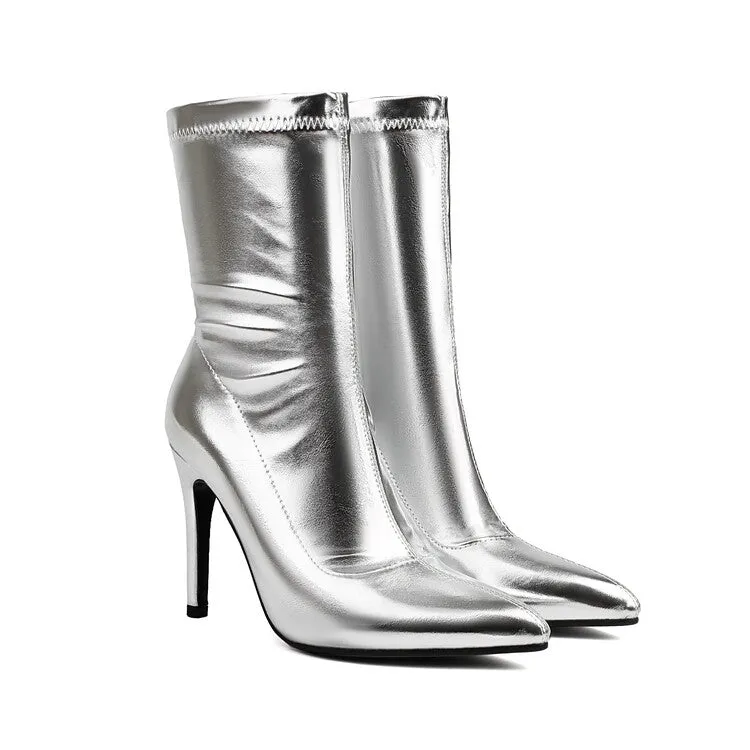 Women's Bling Pointed Toe Thin Heel Short Boots