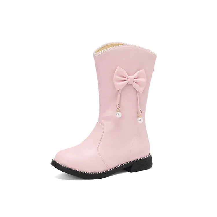 Women's Bows Round Toe Flat Mid Calf Boots