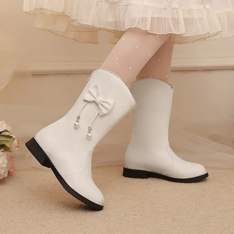 Women's Bows Round Toe Flat Mid Calf Boots