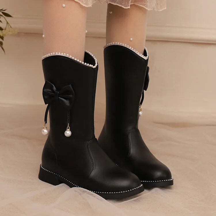 Women's Bows Round Toe Flat Mid Calf Boots