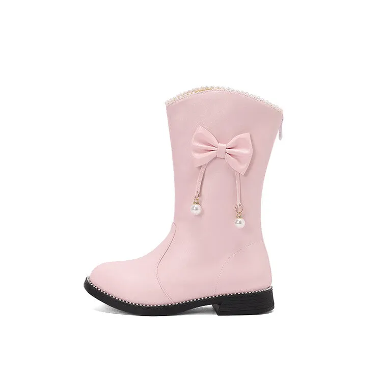Women's Bows Round Toe Flat Mid Calf Boots