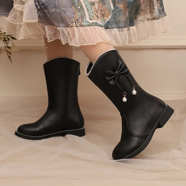 Women's Bows Round Toe Flat Mid Calf Boots