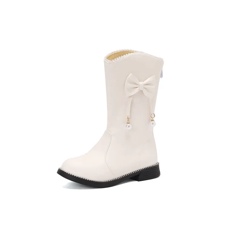 Women's Bows Round Toe Flat Mid Calf Boots