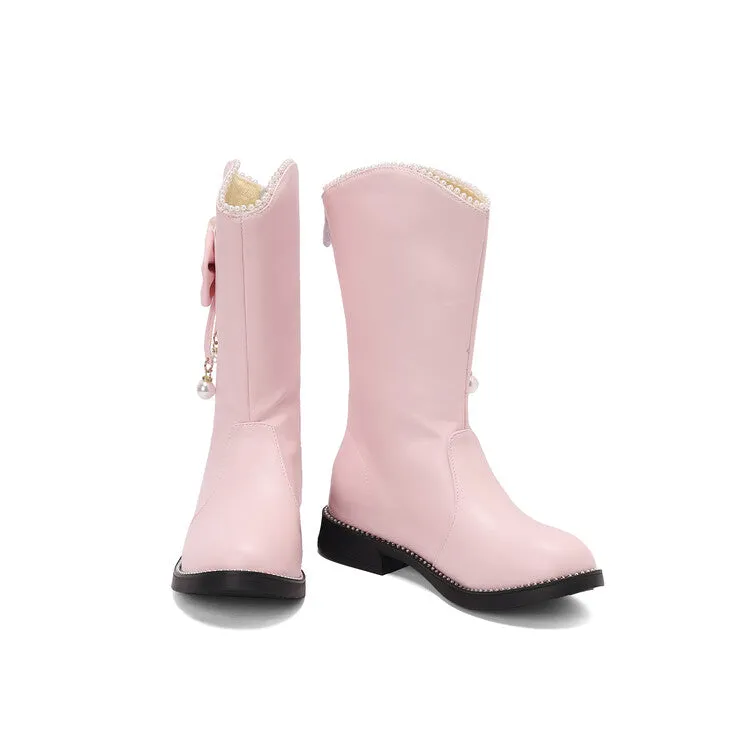 Women's Bows Round Toe Flat Mid Calf Boots