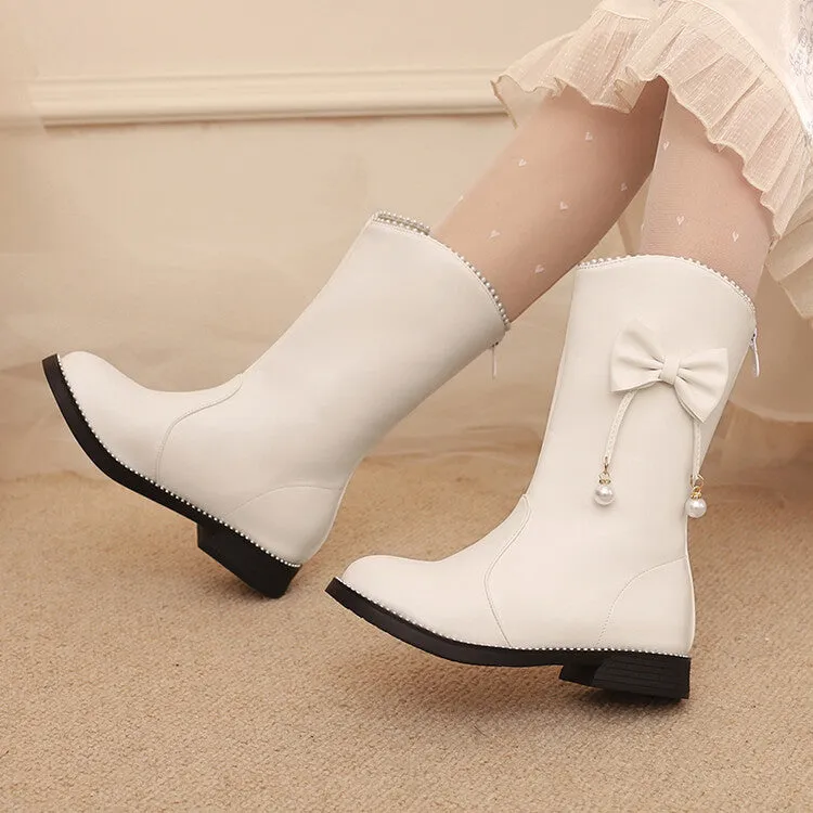 Women's Bows Round Toe Flat Mid Calf Boots