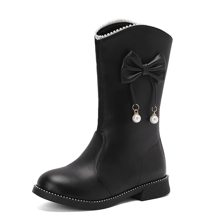 Women's Bows Round Toe Flat Mid Calf Boots