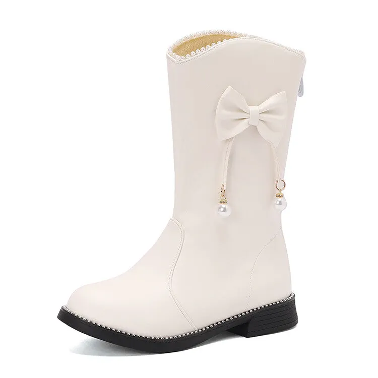 Women's Bows Round Toe Flat Mid Calf Boots