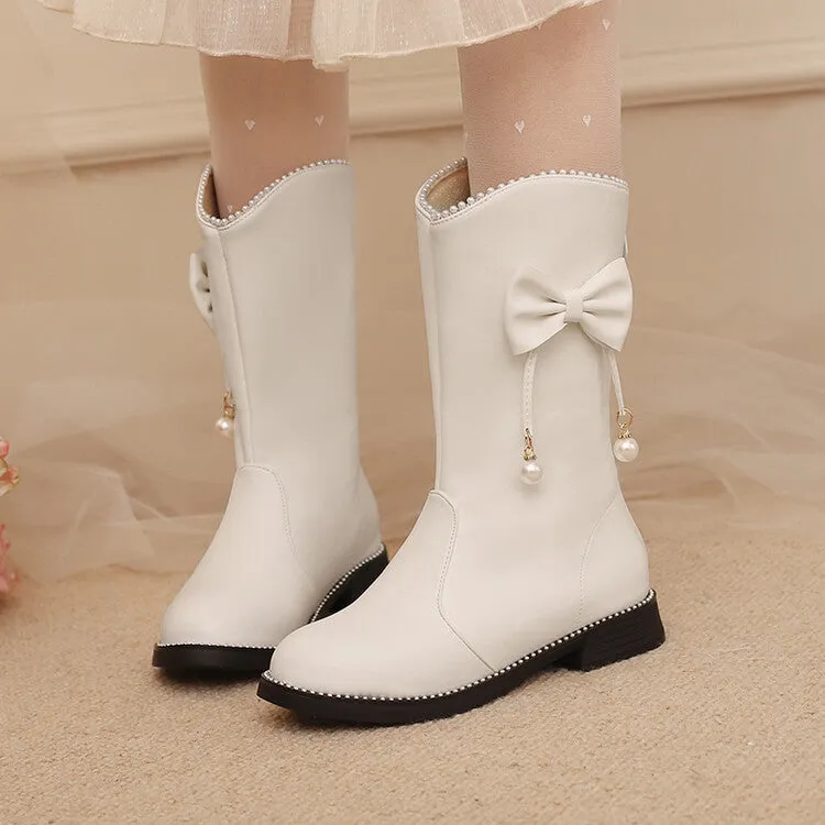 Women's Bows Round Toe Flat Mid Calf Boots