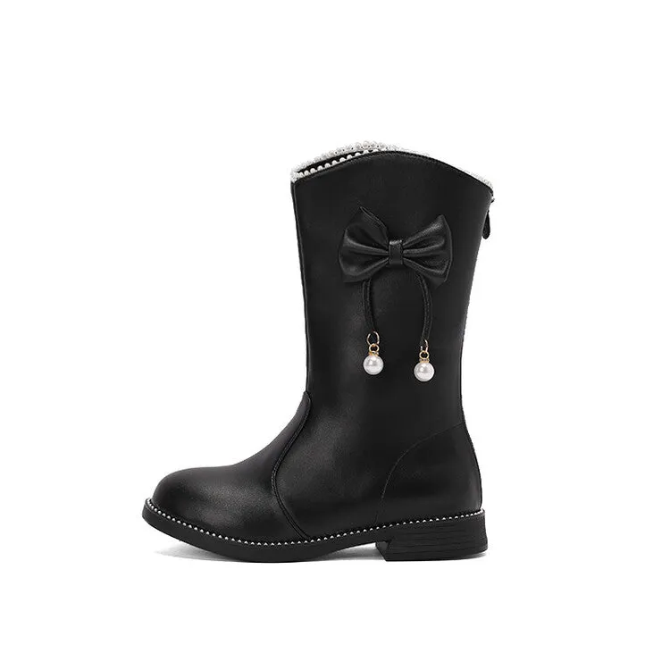Women's Bows Round Toe Flat Mid Calf Boots