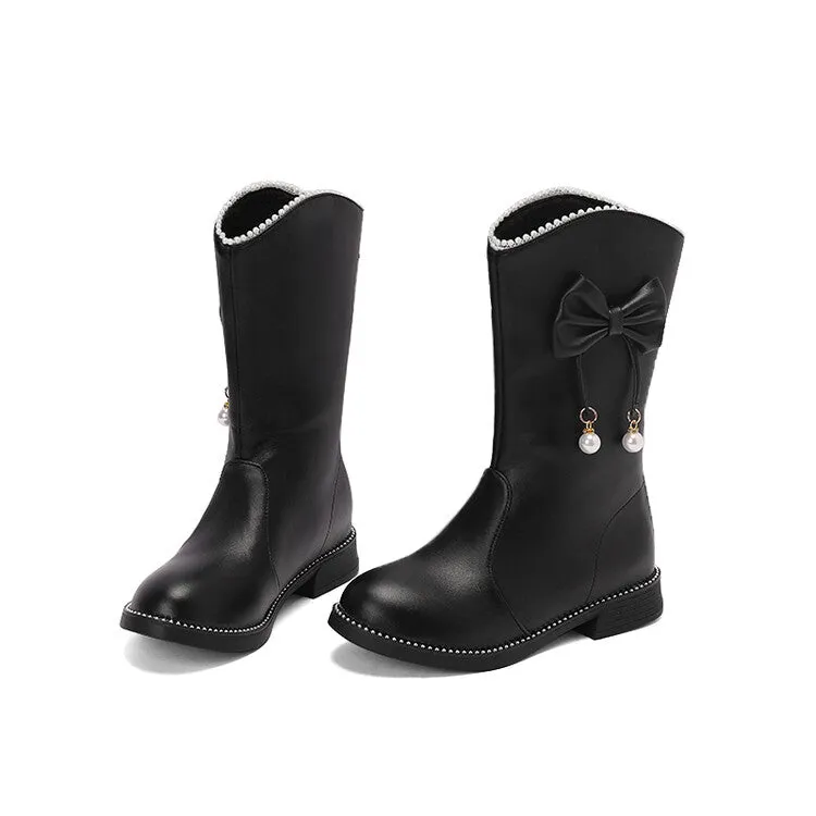 Women's Bows Round Toe Flat Mid Calf Boots