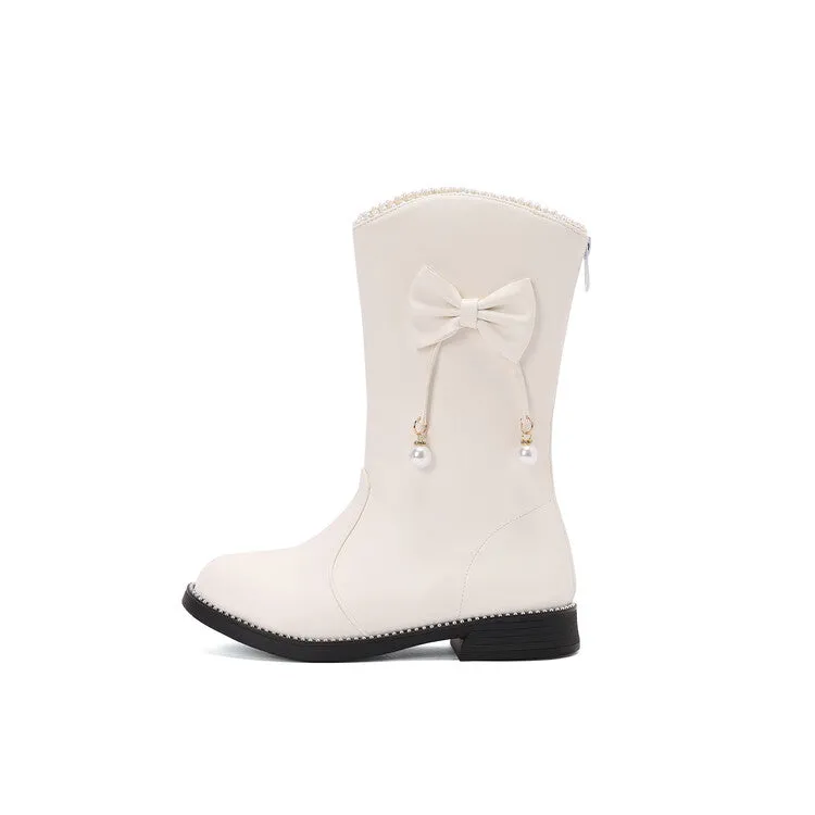 Women's Bows Round Toe Flat Mid Calf Boots