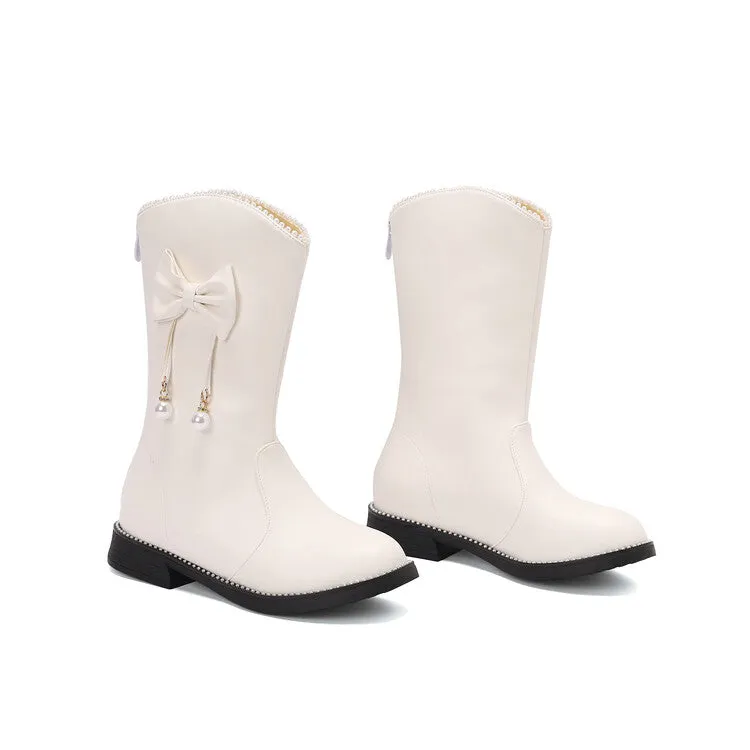 Women's Bows Round Toe Flat Mid Calf Boots