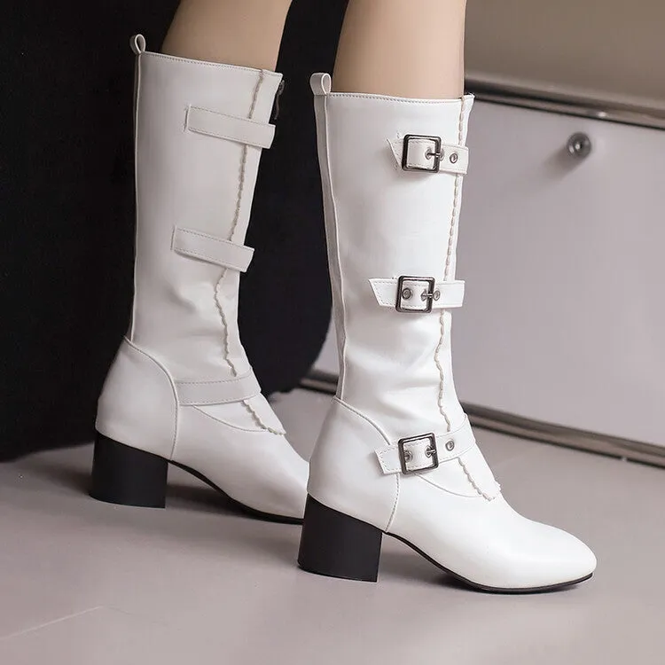 Women's Buckle Strap Round Toe Block Heel Mid Calf Boots
