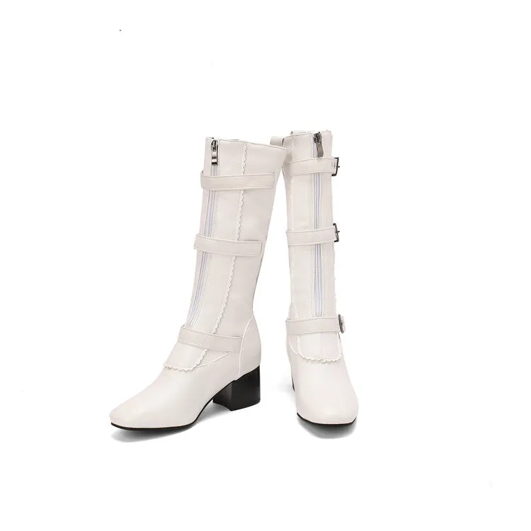 Women's Buckle Strap Round Toe Block Heel Mid Calf Boots